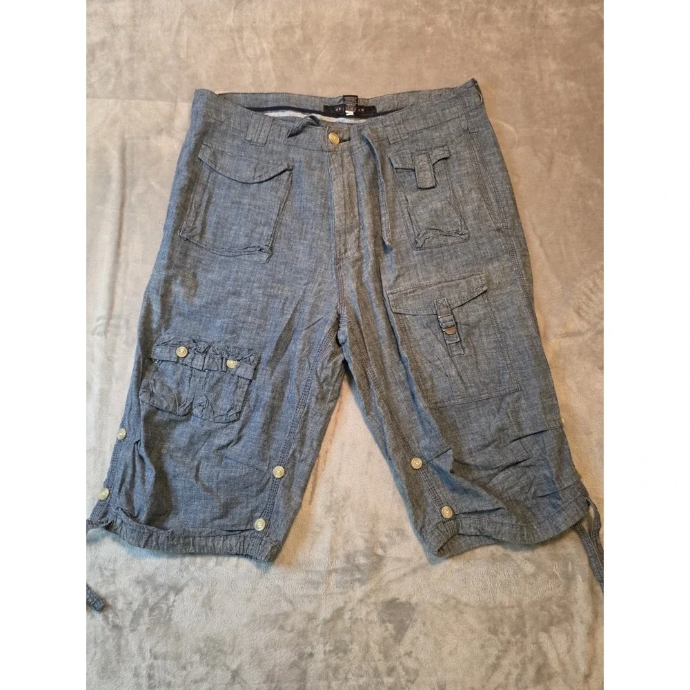 Sean John Mens Cargo Shorts Size 34 Blue Chambray Utility Military Y2K Cotton